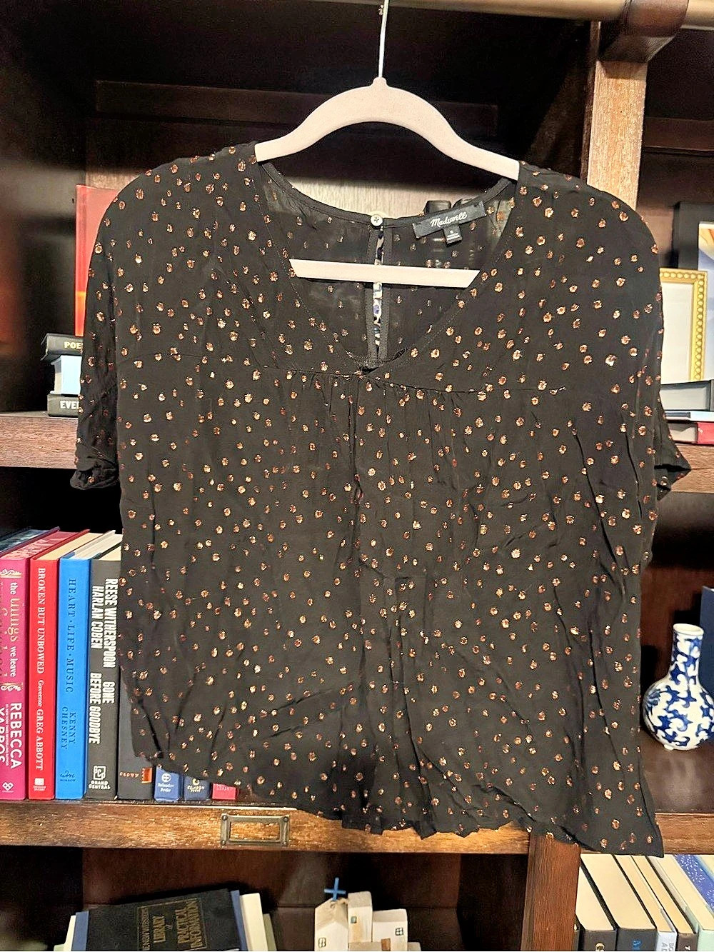 Madewell Metallic Dash Puff-Sleeve Top Floral Blouse Black & Orange Small